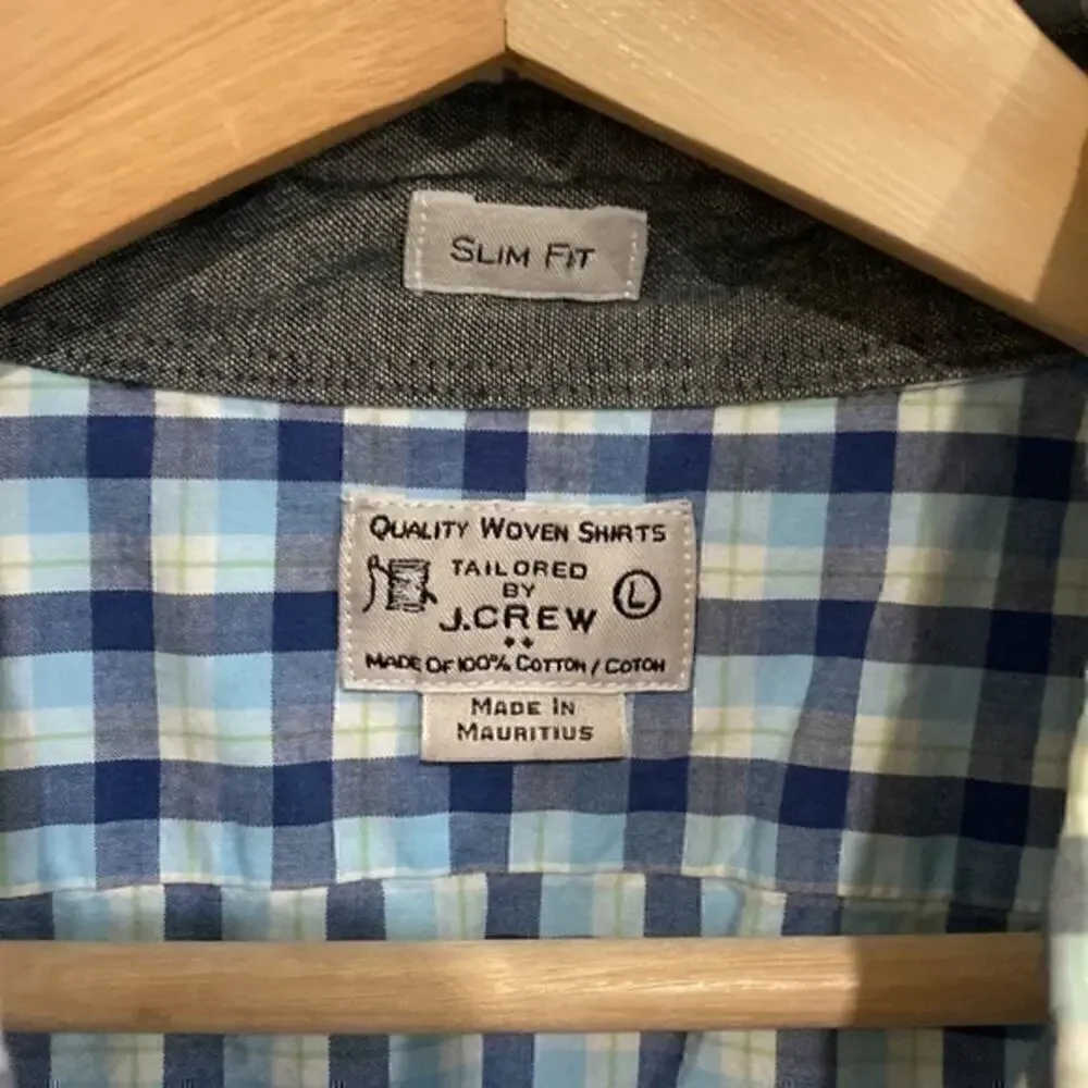 J. Crew blue, green and white checkered button down slim fit size large